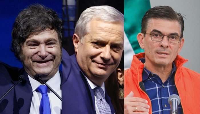 Javier Milei, presidente da Argentina; Antonio Kast, eleito presidente do Chile; e Rodrigo Paz, e...